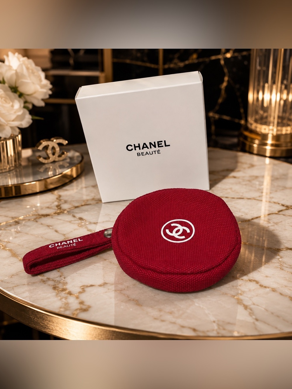 Red Round Cosmetic Pouch with Strap